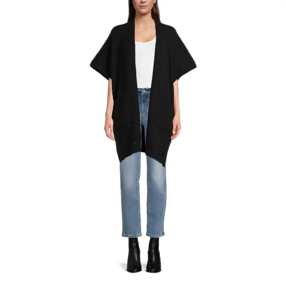Time and Tru Women's Ribbed Sweater Cape with Pockets, One Size Black